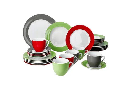 MamboCat Kombiservice 30tlg für 6 Personen - Buntes 30-teiliges Kombiservice aus robustem Porzellan in Grün, Rot und Grau, spülmaschinen- und mikrowellengeeignet – ideal für ansprechende Tischdekorationen und vielseitige Mahlzeiten.