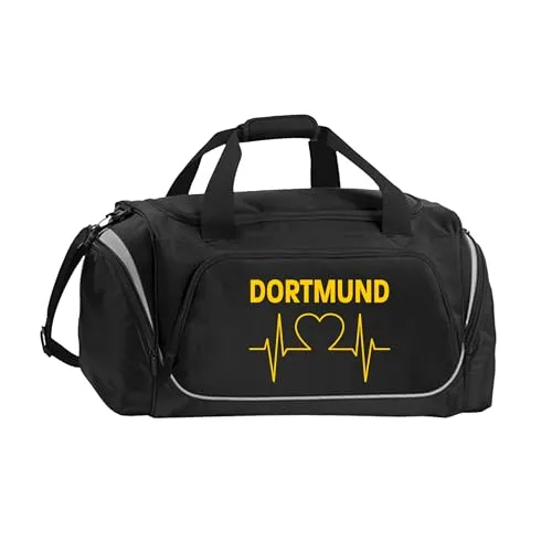 multifanshop Sporttasche Dortmund - Herzschlag - Sporttasche mit 4 Fächern und Flaschenhaltern, ideal für Fußballfans. Hochwertiger Druck und langlebiges Material für den perfekten Fan-Auftritt!