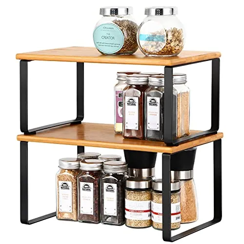 UOMIO Küchen Regaleinsatz für Schrank 2er Set Gewürzregal aus Bambus Stapelbare Küchenschrank Organisation Küchenablage mit Bambusbrett und Metallrahmen für Küche