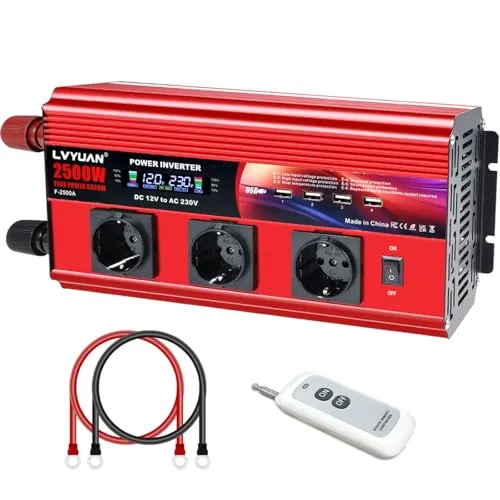 LVYUAN 2500W/5000W Wechselrichter DC 12V auf 230V AC Spannungswandler Konverter mit Fernbedienung, LCD, 4 USB Ports, 3 AC Steckdose für Outdoor, Notstromausfall