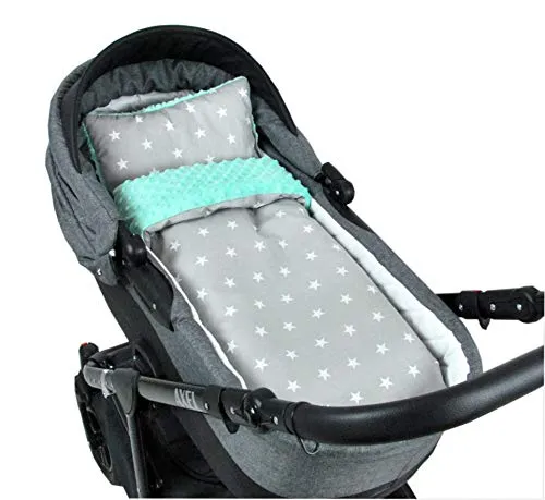Babylux Babydecke Minky PLÜSCH Kuscheldecke Decke 75 x 60 cm + Kissen 2 TLG Set für Kinderwagen/Wiege (MP91 - Minze + Sterne Grau)