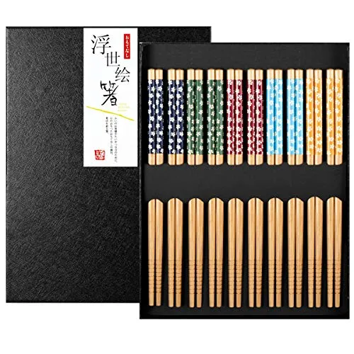 MELLIEX 10 Paar Essstäbchen Japanisch Bambus Chopsticks Wiederverwendbar Waschbar Eßstäbchen Set mit Schwarzer Geschenkbox für Asiatisches Geschirr, Kirschblüte