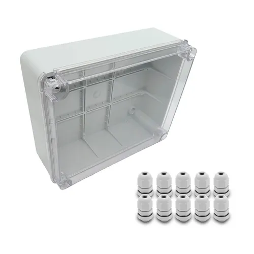 ARLI SET: Abzweigdose IP67 Sichttür Aufputz 250 x 200 x 90 mm + 10x Kabelverschraubungen M12 x 1,5 mm