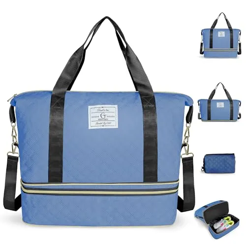 Geestock Weekender Reisetasche Damen, Travel Duffle Bag Reisetaschen mit Schuhfach, Sporttasche Gym Yoga Bag, Handgepäck Tasche für Sport Reise Flugzeug, Blau