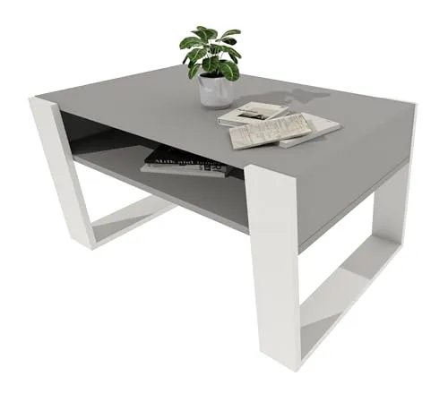möbelkap Couchtisch 92×53.6 cm – Wohnzimmertisch aus Holzwerkstoff, Stabiler & moderner Kaffeetisch mit zusätzlicher Ablagefläche – Beistelltisch, Grau/Weiß, rechteckig