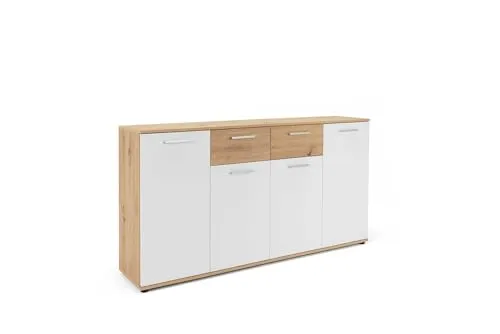 Finori Kommode, Artisan/Weiß - Stylische Kommode aus stabiler Spanplatte mit 4 Türen und 2 Schubkästen, ideal für zusätzlichen Stauraum in Ihrem Wohnraum.