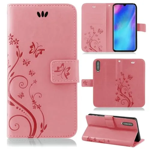 betterfon Hülle Kompatibel mit Huawei P30 | Premium PU Leder Handyhülle Wallet Case für P30 | Schutzhülle Blumen Klapphülle Handyhülle | Rosa