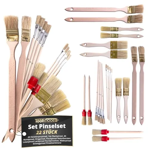 ToolSpace 22er Set Pinselset 4X Heizkörperpinsel, 14x Flachpinsel, 4X Rundpinsel, Ringpinsel, Flachpinsel Naturborsten Lasurpinsel Lackpinsel Rundpinselset, Malerpinsel Einwegpinsel Pinselsortiment