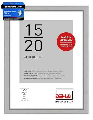 DEHA Design Bilderrahmen, 15 x 20 cm, Aluminium, Silber matt, Fotorahmen zum Auftstellen im Hoch- & Querformat, bruchsicheres Kunstglas, Boston