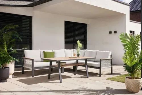 Primaster Gartenmöbel-Set Kos Aluminium in Holzoptik - Gartenmöbelset aus langlebigem Aluminium mit eleganter Holzoptik, ideal für stilvolle Garten- und Terrassengestaltung.