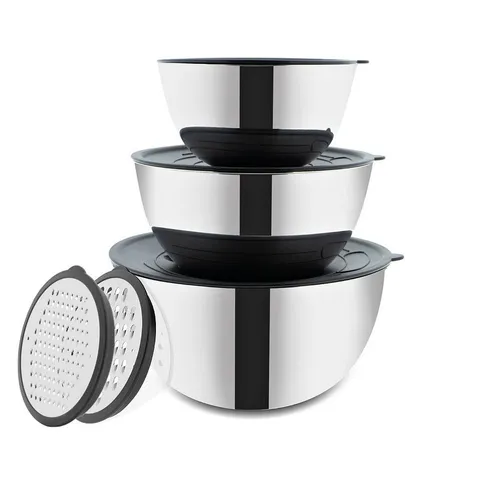 BEM Edelstahl Schüssel Set mit Deckel und Reibe - 6-tlg - Vielseitiges Set aus rostfreien Edelstahlschüsseln (1.8L, 3.4L, 5.5L) mit Deckel und 2 Reiben für müheloses Reiben und Servieren. Platzsparend und ideal für eine saubere Küche.