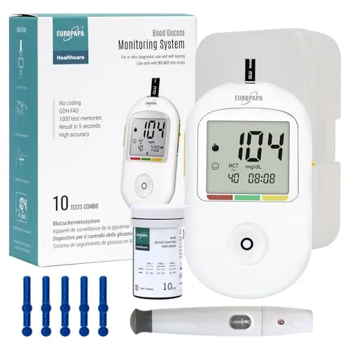EUROPAPA Blutzuckermessgerät - Komplettset für die Blutzucker-Selbstkontrolle - Blutzuckermessgeräte mit 10 Teststreifen und 10 Lanzetten, ideal für die einfache Überwachung bei Diabetes. Präzise Messung in mg/dL.