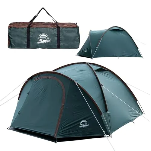 Campingzelt 3-4 Personen (doppelwandig) – leicht, stabil, wasserdicht | verdunkelter Innenraum, Moskitonetz, Fluoreszierende Abspannleine, verstärkte Heringe, Vorraum mit Bodenplane inkl. Tragetasche