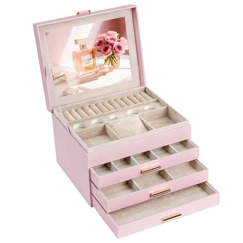 AdelDream Schmuckkästchen - Rosa 4 Ebenen Schmuckaufbewahrung - Schmuckkästen mit 4 Ebenen für eine effektive Kategorisierung und Aufbewahrung. Ideal für die stilvolle Präsentation von Schmuck und kleine Gegenstände.