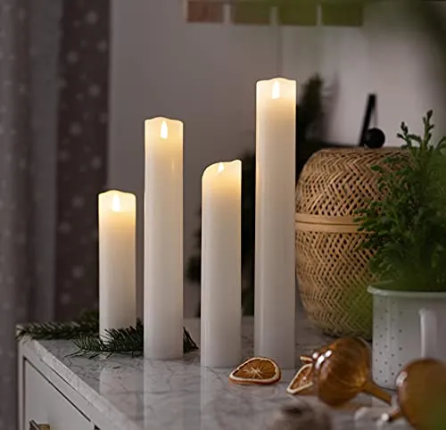 LED Stabkerze 4er Set - Flammenlos und Elegante Wachskerzen - Kerzen im 4er Set aus echtem Wachs mit warmweißen, flackernden LEDs. Ideal für stimmungsvolle Beleuchtung, ausgestattet mit Timerfunktion und An-/Aus-Schalter. Perfekt für den Innenbereich.