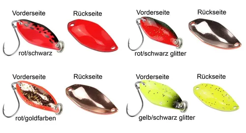 FTM Spoon Fly 1,2g - Set mit 4 Forellenblinkern - Set mit 4 FTM Spoon Fly 1,2g Forellenblinkern in attraktiven Farben, ideal für erfolgreiches Angeln auf Forellen und Barsche. Perfekt für den Einsatz an Teichen, Seen oder Bächen.