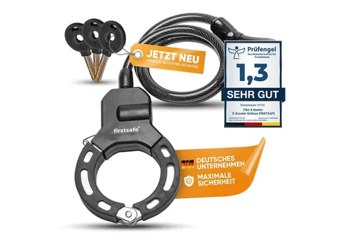 firstsafe Kabelschloss Hanschellenschloss für E Scooter - Sichere deinen E Scooter mit dem firstsafe Kabelschloss. Schnittfest und mit Silikonumrandung, bietet es hochwertigen Schutz und sorgt für unbeschwertes Fahren in der Stadt.