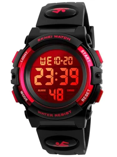 Alienwork Seven-Color LED Digital Kinderuhr Jungen Mädchen Schwarz Kautschuk-Armband Kalender Mehrfarbig Chronograph Sportlich Multi-Funktion