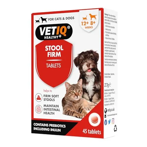 VETIQ Stool Firm 45 Tabletten, Stuhlstraffer für Hunde und Katzen, präbiotische Ballaststoffe für Hunde, Pektin Stuhlstraffer für Hunde und Welpen ab 8 Wochen, hilft bei der Linderung der Symptome von leichtem Durchfall.