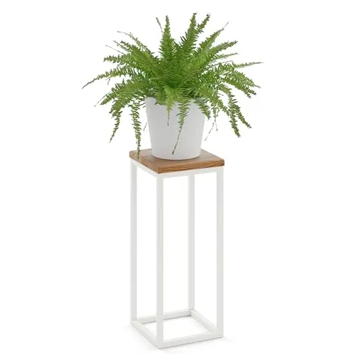 LAMO Manufaktur Blumenständer Weiss Metall | Pflanzenständer Holz mit Dunkel Farbe | Blumenhocker groß 50 cm für Zimmerpflanzen | 100% Echtholz | Sockel für Skulpturen