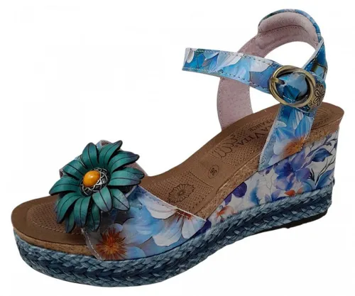 Laura Vita Sandalette Facyo 75 mit Blumenmuster und Keilabsatz, Größe 37 EU, Blau - Entdecken Sie die modische Laura Vita Sandalette Facyo 75 mit verspieltem Blumenmuster. Der stabile Keilabsatz bietet angenehmen Komfort und verleiht Ihrem Look eine künstlerische Note. Ideal für warme Sommertage.