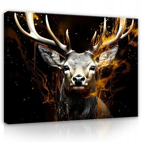 WallArena - Leinwand Bilder - Hirsch - 100x70 cm Leinwandbilder - Bild auf leinwand - Wandbild XXL groß Wandbilder für Wohnzimmer Schlafzimmer Wohnzimmerbilder Modern kunstdruck - Schwarz Tiere