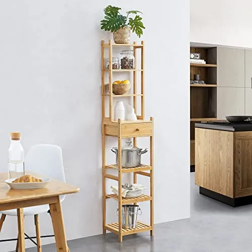 [en.casa] Standregal Siilinjärvi aus Bambus, 163 x 33 x 28 cm - Standregal aus natürlichem Bambus, vielseitig einsetzbar als Bad- oder Küchenregal. Belastbar bis 5 kg pro Ablage, bietet praktische Stauraummöglichkeiten und eine einfache Montage.