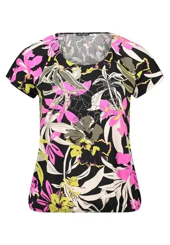 Betty Barclay Damen Printshirt mit Gummizug 46, Black/Khaki - Figurumspielendes Printshirt mit Raglanärmeln und Rundhals-Ausschnitt, verziert mit Glitzersteinen – perfekt für einen eleganten Look!