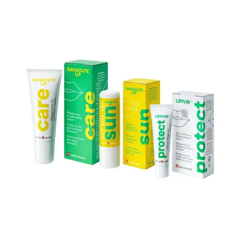 SET SANACUTE Lippen Pflege Gel LIPIVIR protect + Creme LIP care + Stift LIP sun - Vielseitiges Set für die Lippenpflege: LIPIVIR protect, LIP care Creme und LIP sun Stift. Ideal für den täglichen Schutz und die Pflege Ihrer Lippen. Perfekt für alle Hauttypen.
