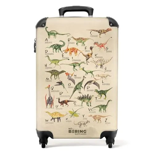 NoBoringSuitcases.com© Kinderkoffer Alphabet - Dino - Retro - Jungen 55x35x20cm - Koffer für Kinder, handgepäckgeeignet mit 4 wendigen Rollen und TSA-Zahlenschloss, ideal für kleine Abenteurer und Reisen.