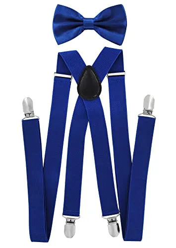 axy Herren Hosenträger mit Fliege - 4 Starken Clips X-Form (Blau (Hosenträger Breit 2,5cm))