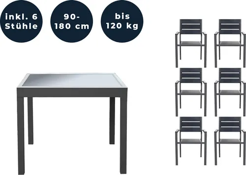 HOME DELUXE Gartentisch VERANO - Ausziehbar mit 6 Stühlen - Gartentisch und Stühle Set, ausziehbar für zusätzlichen Platz, witterungsbeständig und rostfreies Aluminiumgestell, ideal für Garten, Terrasse oder Balkon.