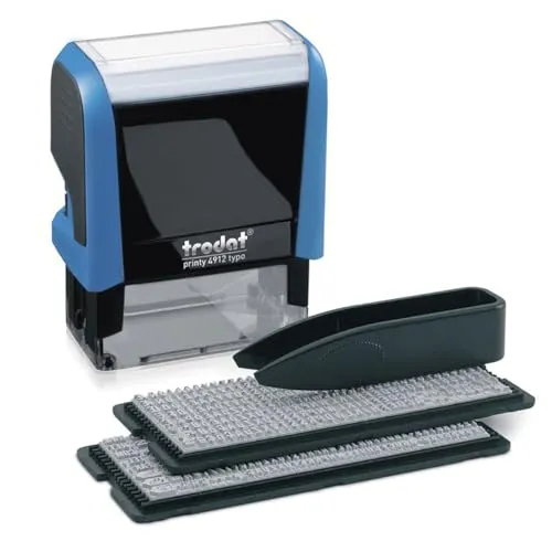 Trodat Printy 4912 Typomatic Stempel - Individuell gestaltbarer Textstempel - Stempel für individuelle Gestaltung mit bis zu 4 Zeilen, inkl. zwei Gummitypen-Sets und Spezial-Pinzette für einfachen Austausch. Ideal für Textilien und Papier.