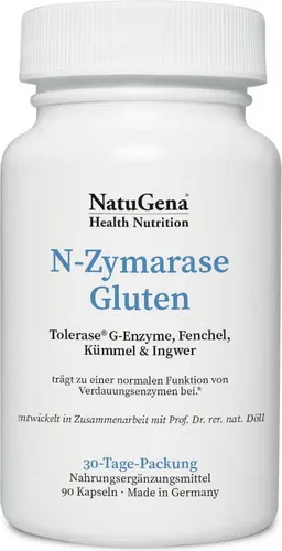 NatuGena N-Zymarase Gluten | 90 Kapseln | Vegan mit Tolerase® G - Nahrungsergänzungsmittel zur Unterstützung bei Glutenunverträglichkeit, mit dem patentierten Enzym Tolerase® G und natürlichen Pflanzenextrakten für eine bessere Verträglichkeit.