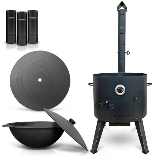 Utschak Uchag Feuerofen Ø 49 cm 2 mm Stahl Herdplatte 4mm Kazan 22 L runder Boden mit Thermometer Verlängerungsrohr (Set R22-6)