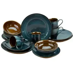 CreaTable Kombiservice Geschirr-Set Mallorca (16-tlg) für 4 Personen - Kombiservice aus mikrowellengeeignetem Steinzeug in stilvollem Blau-Braun, ideal für den täglichen Gebrauch und besondere Anlässe. Perfekt für 4 Personen.