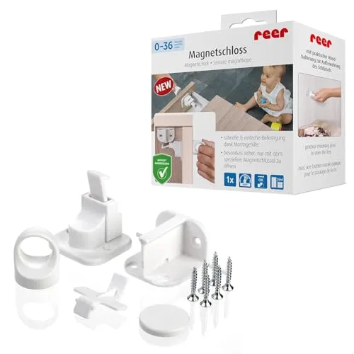 Reer Magnetschloss, 1 Stück, Schrank-Sicherung und Schubladen-Sicherung, vom Schwäbischen Kindersicherheitsexperten, zum kleben oder Schrauben 51030, Weiß