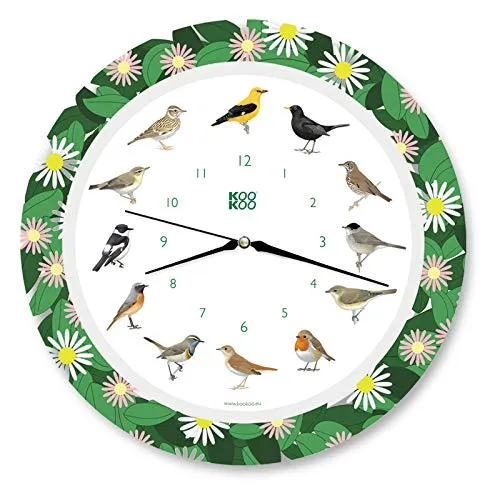 KOOKOO Singvögel Flower Planet Quarzwerk - Wanduhr mit 12 heimischen Singvögeln und echten Vogelstimmen, begeistert Kinder und Naturfreunde. Mit Lichtsensor für Ruhe bei Dunkelheit und farbenfrohem Zifferblatt.