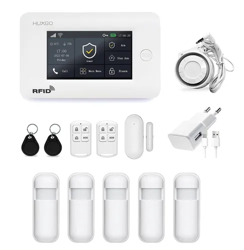 HUXGO HXA006 Funk Alarmanlage WLAN + GSM 4G LTE mit 5 Bewegungssensoren Haus Büro Wohnung Garage TUYA Smart Anwendung SMS-Benachrichtigungen Steuerung vom Telefon Sprache DEUTSCH