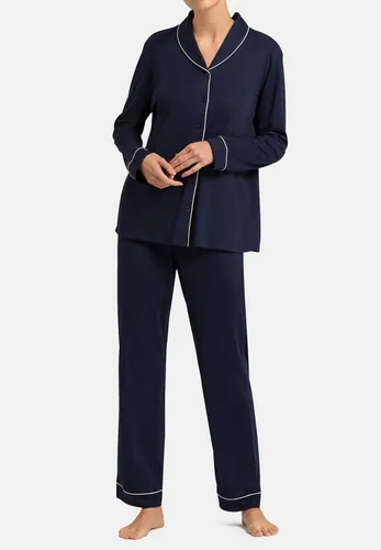 Hanro Regular Fit Pyjama aus reiner Baumwolle in Dunkelblau, Größe L - Eleganter Damen Pyjama aus 100% Baumwolle, bietet höchsten Tragekomfort und stilvolle Entspannung in der Nacht.