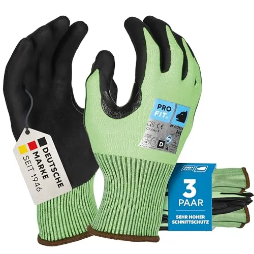 PRO FIT 868 Nitril Schnittschutzhandschuh – Arbeitshandschuhe mit HPPE Glasfaser, Schnittfester Handschuh, Level D - 3 Paar, Neongrün/Schwarz, Gr. 9