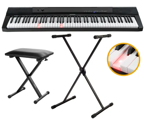 McGrey BS-88LT Leuchttasten-Keyboard Set - Einsteiger-Keyboards in Stagepiano-Optik mit 88 Leuchttasten und 146 Klängen, inklusive umfangreichem Sparset mit Ständer und Bank für optimale Spielbedingungen.