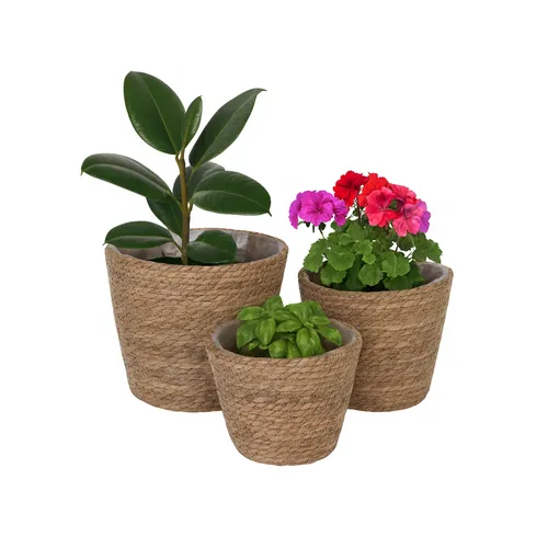 Relaxdays Blumentopf Set aus Schilf, 3 Größen - 3er Set runder Blumentöpfe aus natürlichem Schilf für den Boho-Stil. Ideal zum direkten Bepflanzen dank transparenter Folie. Perfekte Ergänzung für grüne und blühende Pflanzen.