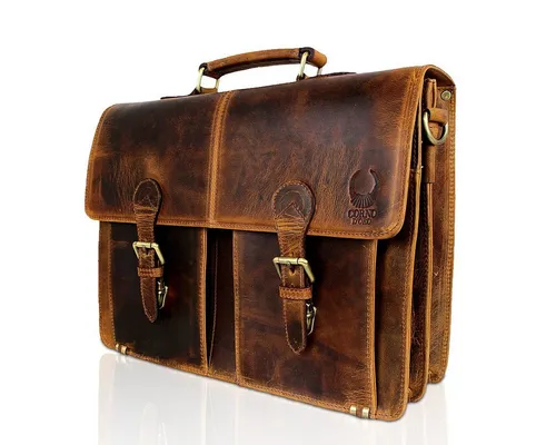 Corno d´Oro Premium Laptoptasche aus Leder für 15.6 Zoll Laptop - Hochwertige Laptop-Schultertasche aus echtem Büffelleder, handgefertigt und mit einzigartiger Patina. Ideal für Ordnung im Business-Alltag und passend für verschiedene Laptops und Zubehör.