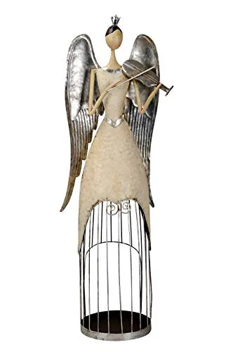 großer nostalgischer Deko Engel mit Geige als Windlicht Creme-Silber antike Shabby Optik