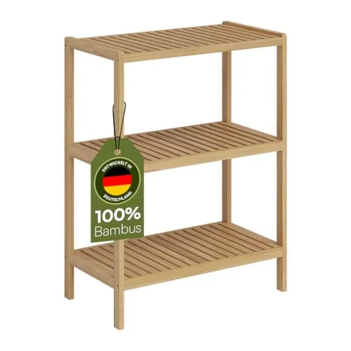 Bellamio Badregal Newa mit 3 Ablagen - Unterschränke fürs Bad, platzsparendes Bambus Regal mit elegantem Design und vielseitigen Nutzungsmöglichkeiten für Bad, Küche oder Wohnzimmer.