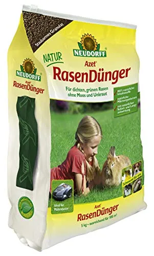 Neudorff Azet RasenDünger 5 kg – Organischer NPK-Dünger für gesunden Rasen - Dünger für Rasenflächen, 9-3-5 NPK mit Eisen, für bis zu 100 m², enthält lebende Mikroorganismen und sorgt für eine natürliche Sofort- und Langzeitwirkung.