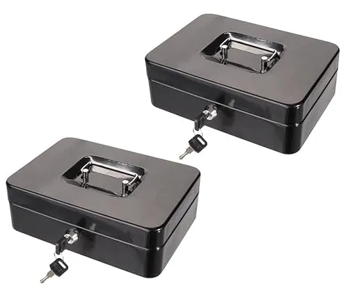 Geldkassette mit Münzeinsatz und Tragegriff schwarz 25x18x9cm 2 x - 2 x robuste Geldkassette aus Metall, ideal zur sicheren Aufbewahrung von Bargeld, Münzen und Karten. Mit Tragegriff und Ersatzschlüsseln für zusätzlichen Schutz und Komfort.