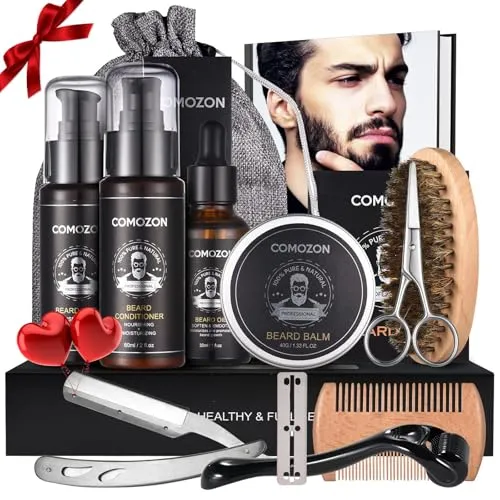 Comozon 12-in-1 Bartpflege Set mit Bart Roller, Beard Growth Kit mit Bartshampoo Bartöl Bartbalsam Rasiermesser Bartbürste Bartkamm Bartschere, Geschenke für Ehemann, Freund und Papa