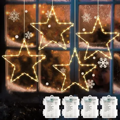 SALCAR LED Weihnachtsstern Fensterdeko, 4 Stück mit 120 LED - Weihnachtlicher Zierschmuck, batteriebetrieben mit Timer und 8 Modi für eine romantische Atmosphäre, ideal für Innen- und Außenbereich.